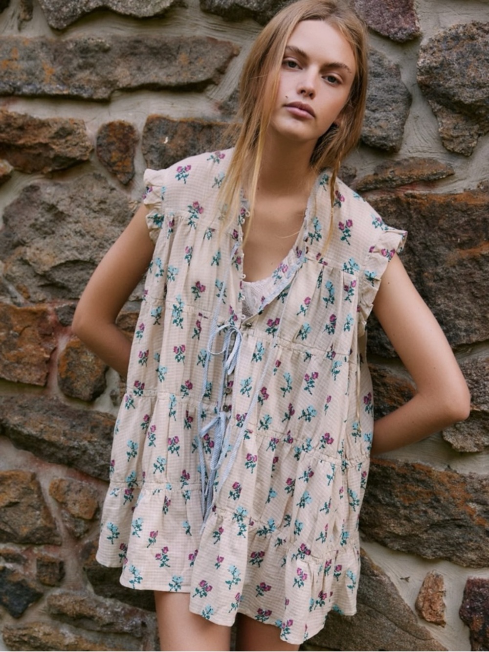 Free People Bohemian Prairie Sundown Mini Dress Tunic Top Ivory Combo Large - Picture 3 of 15